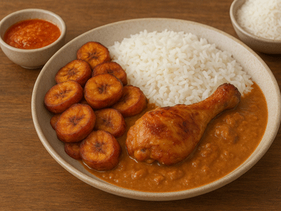 Plat typique d'Afrique de l'Ouest : un mafé accompagné d'alloco avec sa sauce piment.