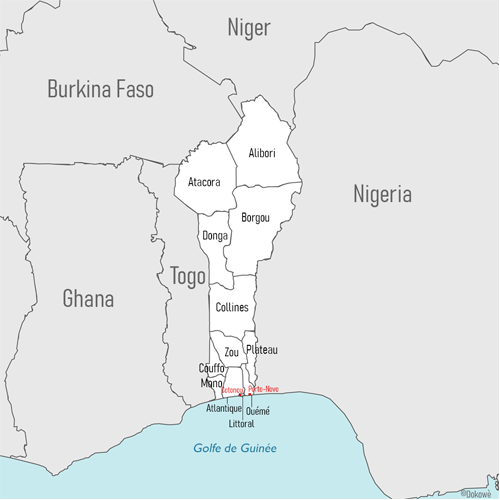 carte géograpphique de la République du Bénin et de ses 12 provinces.
