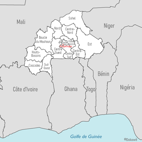 Carte géographique du Burkina Faso et de ses 13 régions administratives.