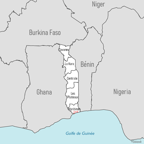 Carte géographique du Togo et de ses 5 régions administratives.