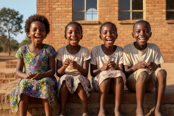 Enfants souriants assis sur les marches d'une école.